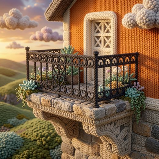 Ironwork Balcony Close Up — free Knitted Fairytale Cottages knitted art print