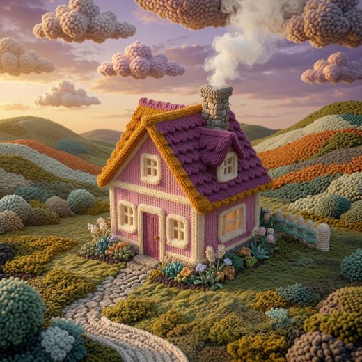 Lavender Cottage Hillside — free Knitted Fairytale Cottages knitted art print