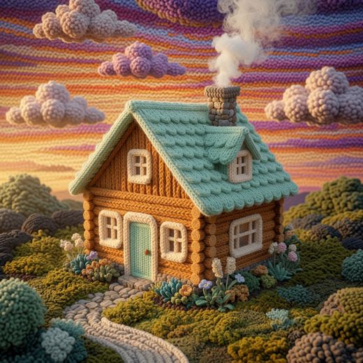 Log Cabin Cottage — free Knitted Fairytale Cottages knitted art print