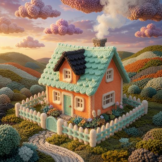 Mint Cottage Dark Roof — free Knitted Fairytale Cottages knitted art print