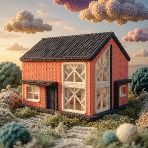 Modern Boxy Cottage — free Knitted Fairytale Cottages knitted art print