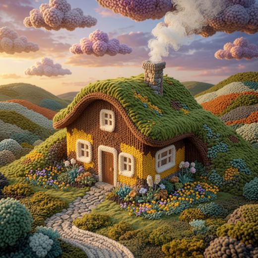 Mossy Thatched Cottage — free Knitted Fairytale Cottages knitted art print