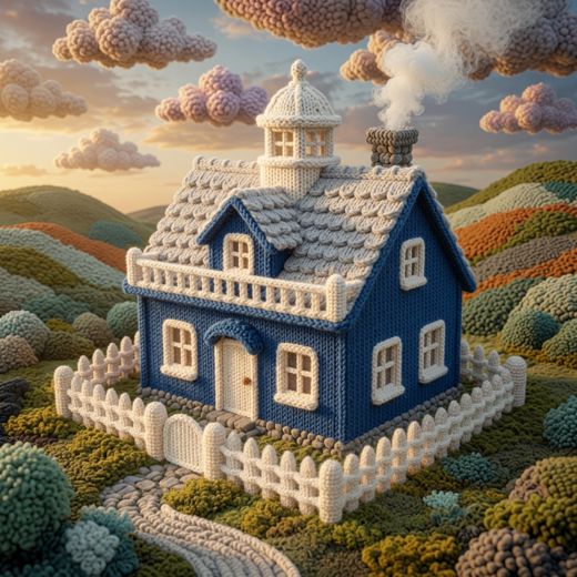Navy Cottage With Tower — free Knitted Fairytale Cottages knitted art print