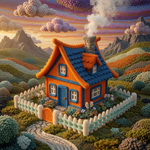 Orange And Blue Cottage — free Knitted Fairytale Cottages knitted art print