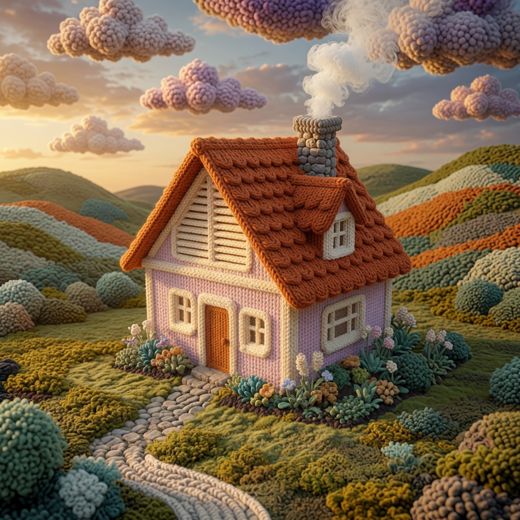 Orange Cottage Green Roof — free Knitted Fairytale Cottages knitted art print
