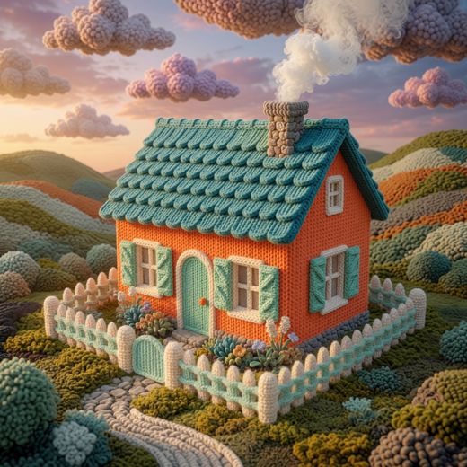 Orange Cottage Teal Roof — free Knitted Fairytale Cottages knitted art print