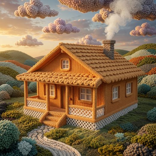 Orange Cottage With Porch — free Knitted Fairytale Cottages knitted art print