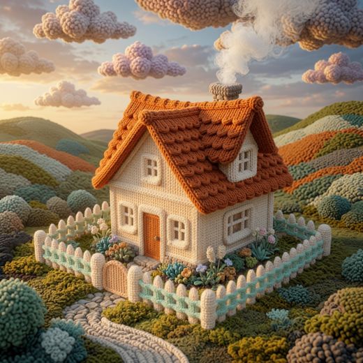 Orange Roof Cottage — free Knitted Fairytale Cottages knitted art print
