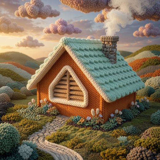 Orange Teal Roof Cottage — free Knitted Fairytale Cottages knitted art print