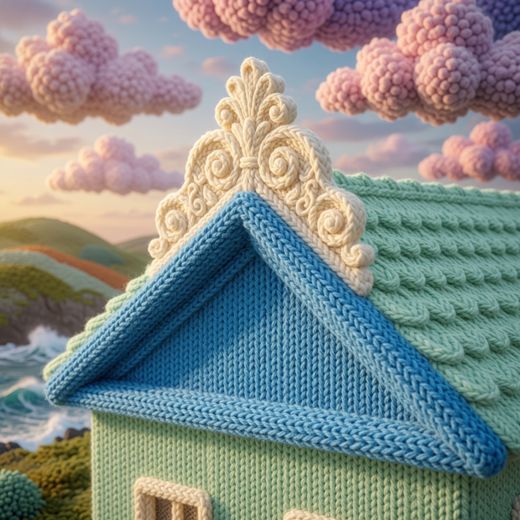 Ornate Roof Crest Close Up — free Knitted Fairytale Cottages knitted art print