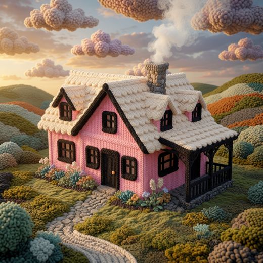 Pink Cottage Black Roof — free Knitted Fairytale Cottages knitted art print