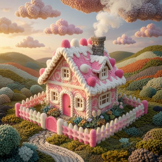 Pink Heart Shaped Cottage — free Knitted Fairytale Cottages knitted art print