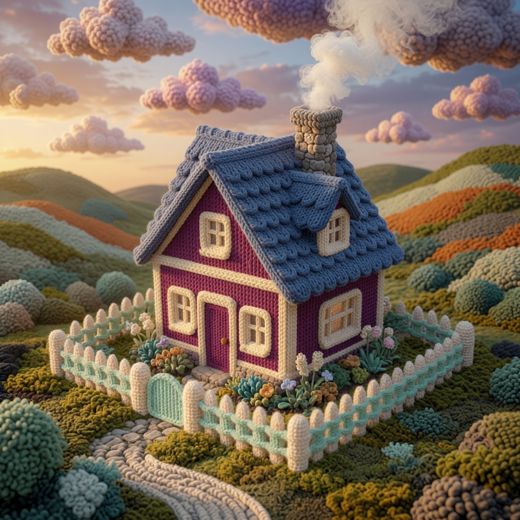 Purple Blue Cottage — free Knitted Fairytale Cottages knitted art print