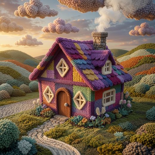 Purple Patterned Roof Cottage — free Knitted Fairytale Cottages knitted art print