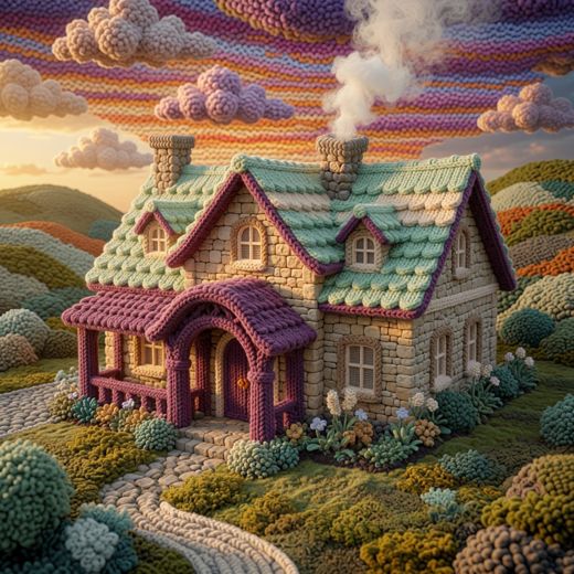 Purple Teal Cottage — free Knitted Fairytale Cottages knitted art print