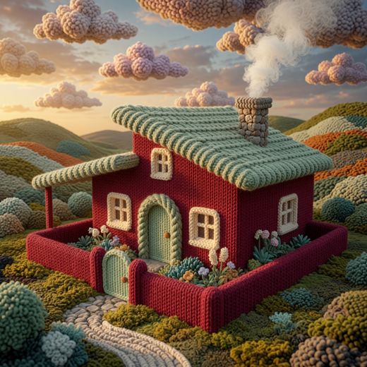Red Cottage Hillside — free Knitted Fairytale Cottages knitted art print