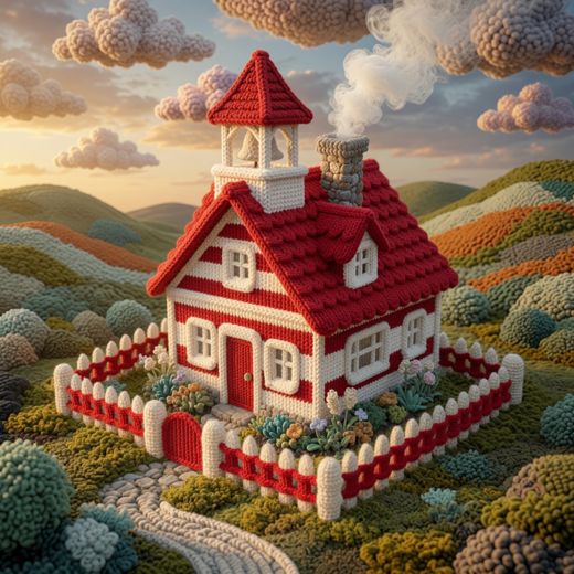 Red Cottage With Cupola — free Knitted Fairytale Cottages knitted art print