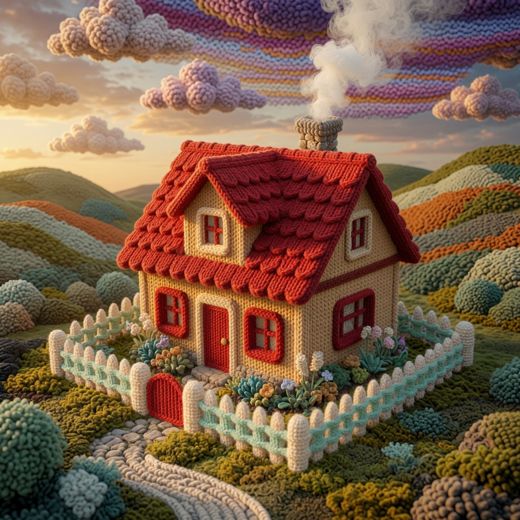 Red Roof Cottage — free Knitted Fairytale Cottages knitted art print
