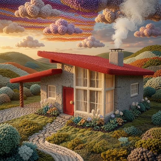 Red Roofed House With Porch — free Knitted Fairytale Cottages knitted art print