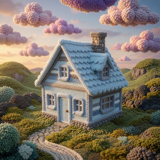 Rust Orange Stone Cottage — free Knitted Fairytale Cottages knitted art print
