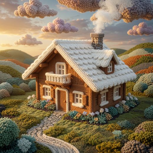 Snow Covered Brown Cottage — free Knitted Fairytale Cottages knitted art print
