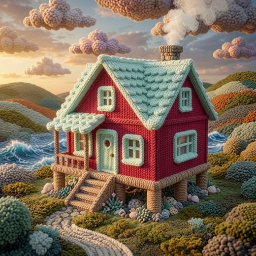 Tall Red Staircase Cottage — free Knitted Fairytale Cottages knitted art print