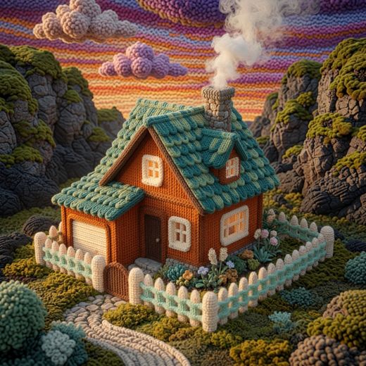 Teal And Orange Cottage — free Knitted Fairytale Cottages knitted art print