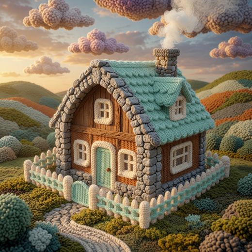 Teal Cottage Hillside — free Knitted Fairytale Cottages knitted art print