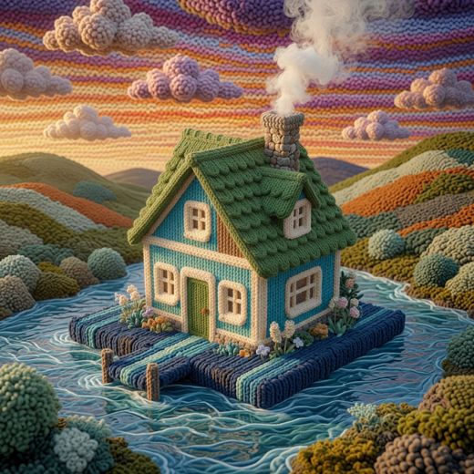 Teal Cottage On Dock Over Water — free Knitted Fairytale Cottages knitted art print