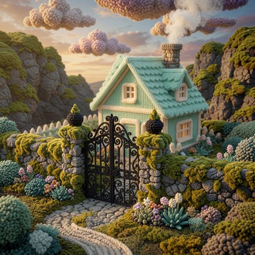 Teal Cottage Ornate Gate — free Knitted Fairytale Cottages knitted art print