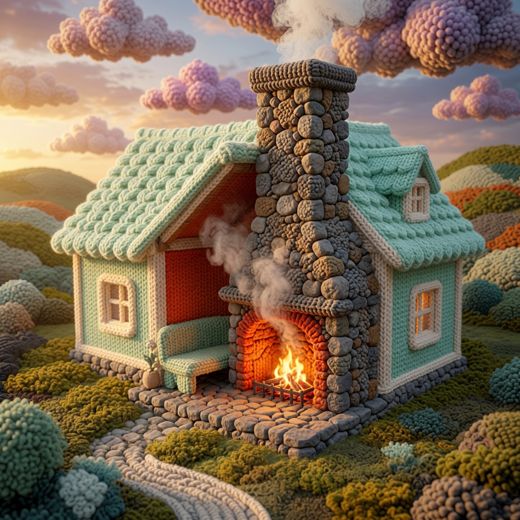 Teal Cottage Stone Fireplace — free Knitted Fairytale Cottages knitted art print