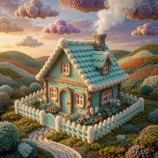 Teal Cottage With Garden Path — free Knitted Fairytale Cottages knitted art print