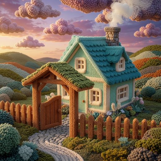 Teal Cottage With Wooden Gate — free Knitted Fairytale Cottages knitted art print