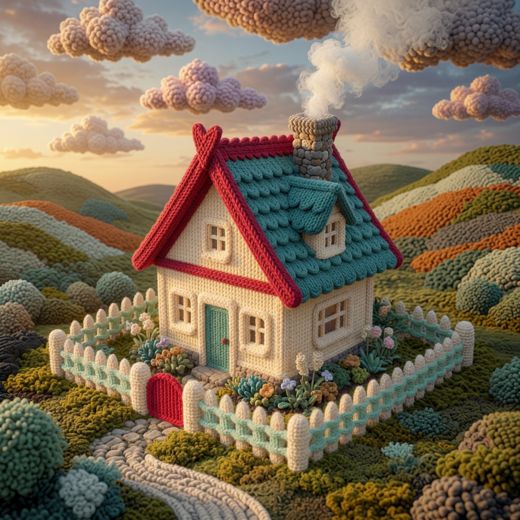 Teal Roof Cottage Red Door — free Knitted Fairytale Cottages knitted art print