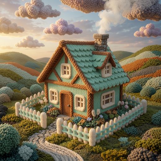 Teal Roofed Pink Cottage — free Knitted Fairytale Cottages knitted art print