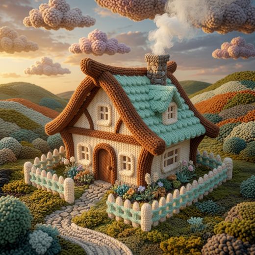 Teal Whimsical Cottage — free Knitted Fairytale Cottages knitted art print