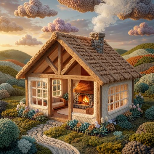 Timber Cottage Open Fireplace — free Knitted Fairytale Cottages knitted art print