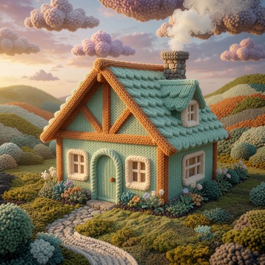 Tudor Style Teal Cottage — free Knitted Fairytale Cottages knitted art print