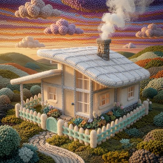 White Cottage Large Window — free Knitted Fairytale Cottages knitted art print