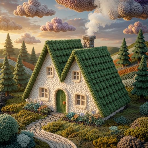 White Cottage With Pine Trees — free Knitted Fairytale Cottages knitted art print