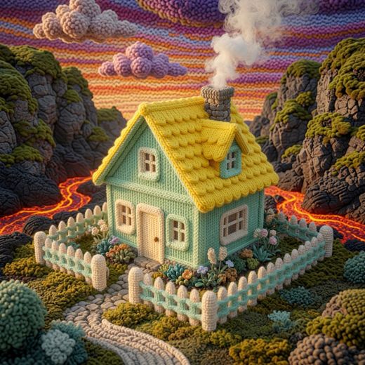 Yellow Cottage Lava Hills — free Knitted Fairytale Cottages knitted art print