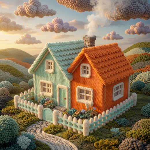 Green Orange Twin Cottages — free Knitted Fairytale Cottages knitted art print