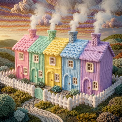 Row Of Pastel Houses — free Knitted Fairytale Cottages knitted art print