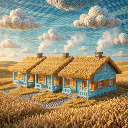 Three Light Blue Cottages — free Knitted Fairytale Cottages knitted art print