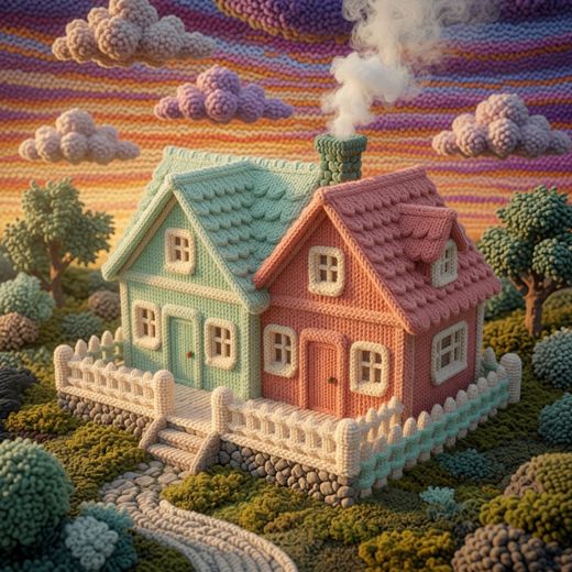 Two Attached Teal Pink Houses — free Knitted Fairytale Cottages knitted art print