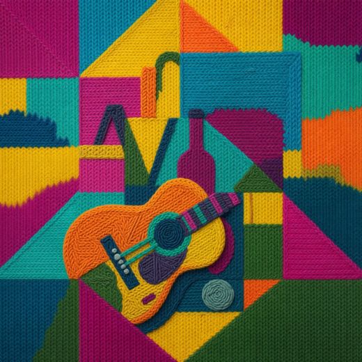 Cubist Guitar And Bottle — free Cubist Portrait Studies knitted art print