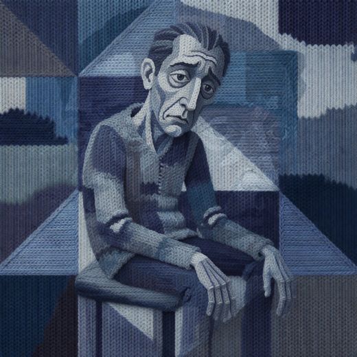 Blue Gray Cubist Man — free Cubist Portrait Studies knitted art print