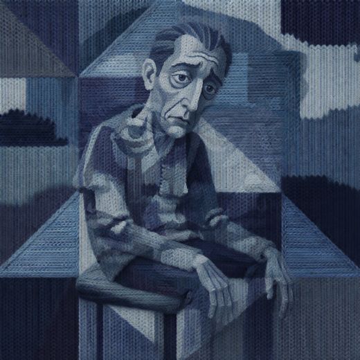 Blue Monochrome Seated Man — free Cubist Portrait Studies knitted art print