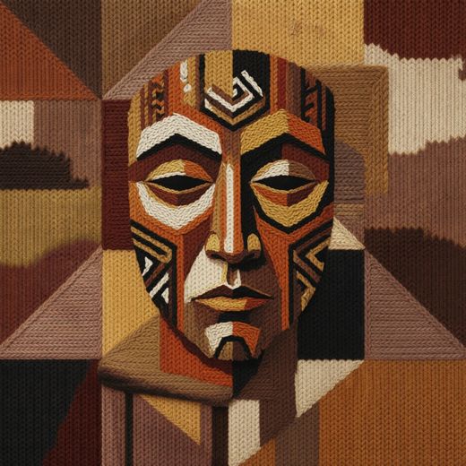 Brown Tribal Mask Face — free Cubist Portrait Studies knitted art print
