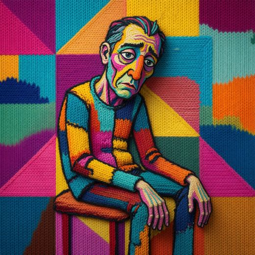 Colorful Patchwork Seated Man — free Cubist Portrait Studies knitted art print
